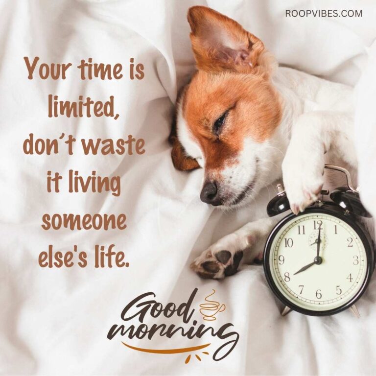 Cute Dog Sleeping On A Bed With An Alarm Clock, Alongside A Good Morning Quote About Utilizing Time In The Best Possible Way