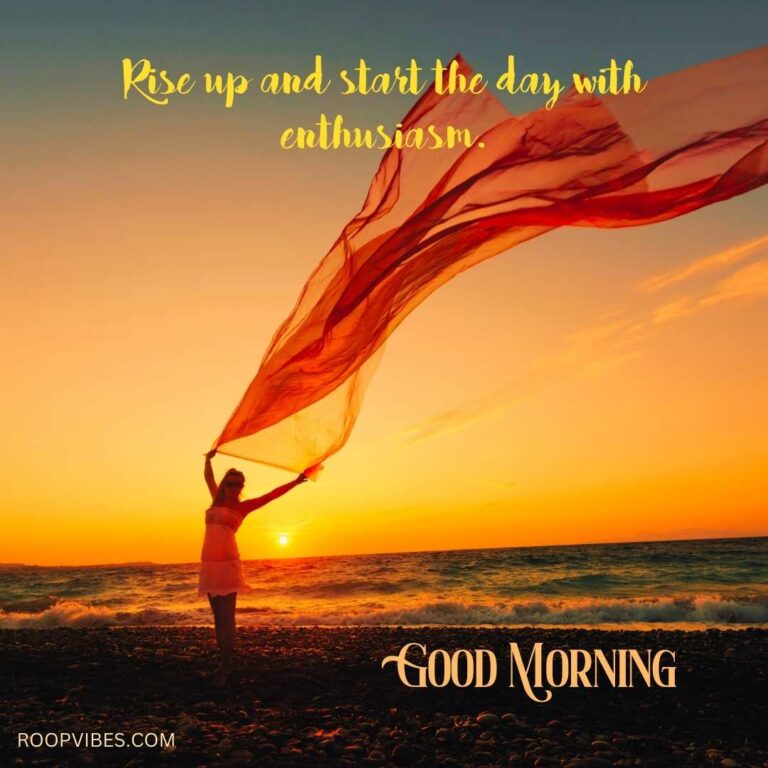 Woman In Orange Dress At Beach During Sunrise, Holding Fluttering Orange Chiffon Cloth, With Good Morning Quote
