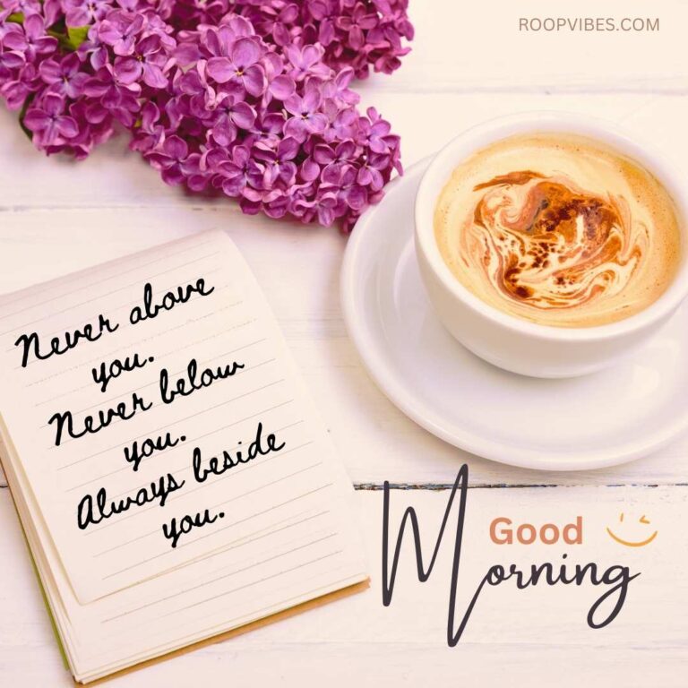 Coffee Cup, Notebook And Purple Flowers On A White Table, Paired With A Good Morning Wish And A Friendship Quote