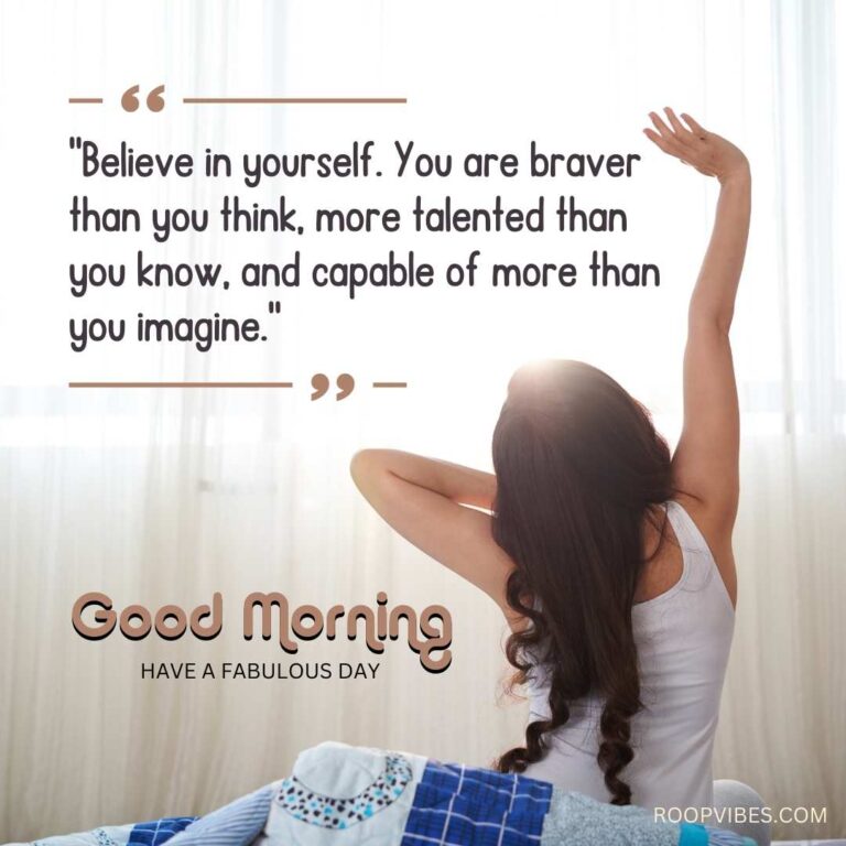 Young Girl Stretching In Bed After Waking Up, Accompanied By An Inspirational Quote And Good Morning Wish