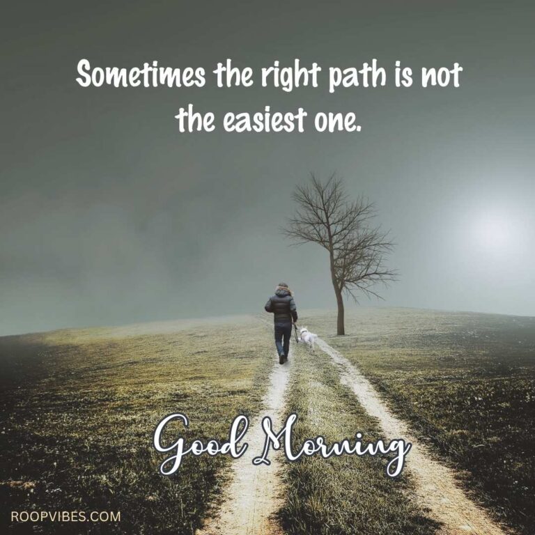 Man Walking Alone On An Unpaved Road In A Barren Misty Morning Landscape Paired With A Good Morning Quote