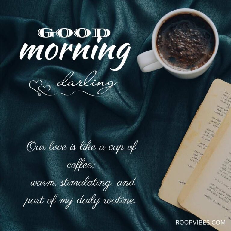 Black Coffee And Open Pages Of An Old Book On A Blue Satin Background, Paired With A Good Morning Love Quote