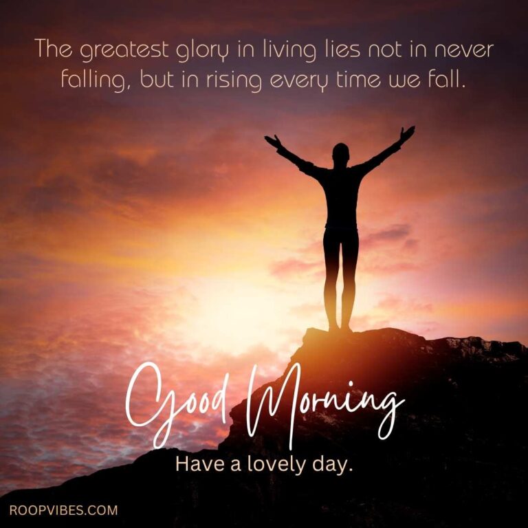 Silhouette Of A Man Standing Atop A Cliff At Sunrise Coupled With A Good Morning Wish And A Motivational Quote