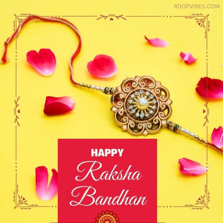 Rakhi On Yellow Background With Sprinkled Rose Petals And Raksha Bandhan Wish | Roopvibes