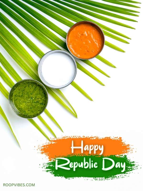 Saffron, White, And Green Condiments On Palm Leaves Symbolizing Happy Republic Day Greetings From India.