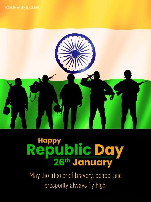 Soldiers' Silhouettes Against The Indian Flag, Representing The Valor Of Happy Republic Day 2024