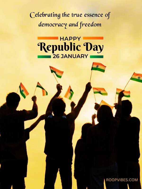 Silhouettes Of People With Indian Flags Against A Golden Sky, Celebrating Happy Republic Day'S Essence Of Freedom