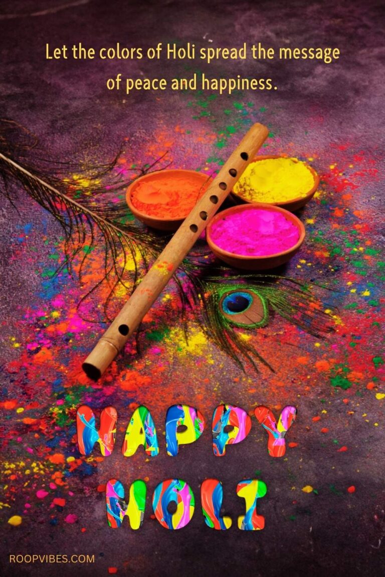 Holi Powder Bowls With Flute And Peacock Feather On Colorful Backdrop