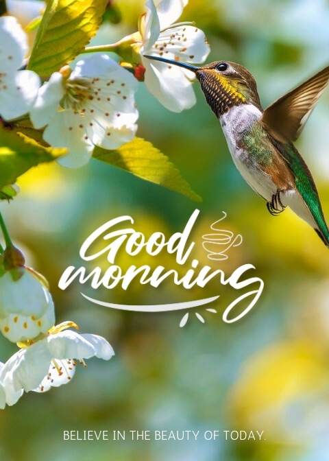 Elegant Good Morning Image With Flowers And Hummingbird