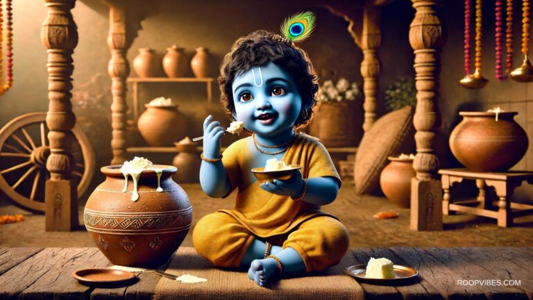 Bal Gopal Enjoying Butter In A Traditional Store Room With Earthen Pots