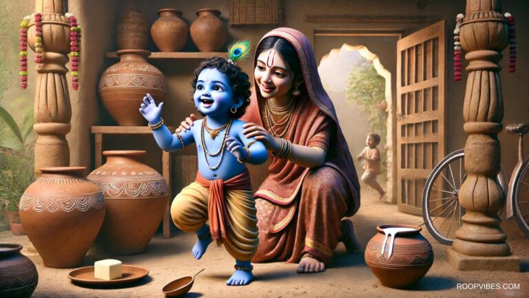 Little Krishna Taking First Steps With Mother Yashoda In A Rustic Gokul Home