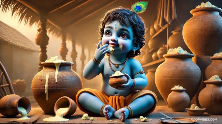 Baby Krishna Relishing Butter In A Cozy Gokul Village Hut