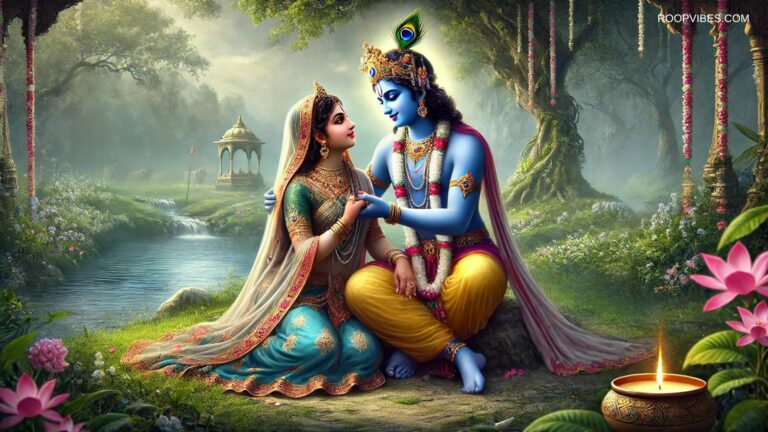 Sri Krishna Holding Radha'S Hand In A Serene Forest Setting In Vrindavan