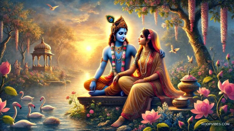 Sri Krishna And Radha Seated By A River At Sunset In A Vrindavan Garden