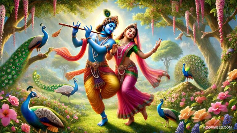 Radha And Krishna Dancing Joyfully In A Vibrant Garden With Peacocks