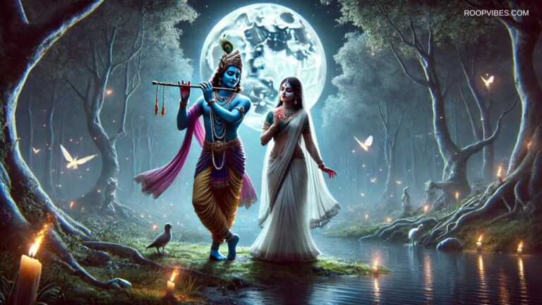 Radha Enjoying The Tune Of Krishna'S Flute In A Moonlit Forest By A River In Vrindavan