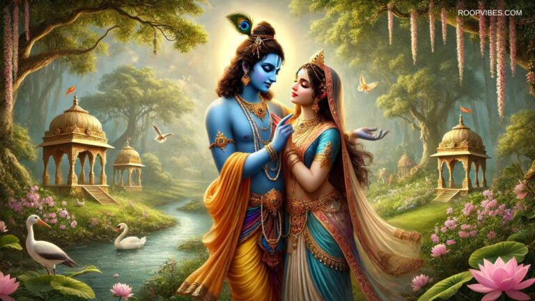 Sri Krishna And Radha In A Romantic Embrace By The Riverside In A Scenic Setting In Vrindavan