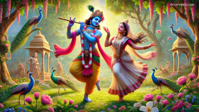 Radha And Krishna Dancing Joyfully In A Vibrant Garden With Peacocks