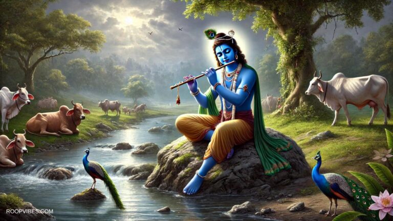 Sri Krishna Playing Flute By The Riverside In Vrindavan