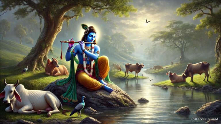 Sri Krishna Playing Flute In A Tranquil Riverside Meadow