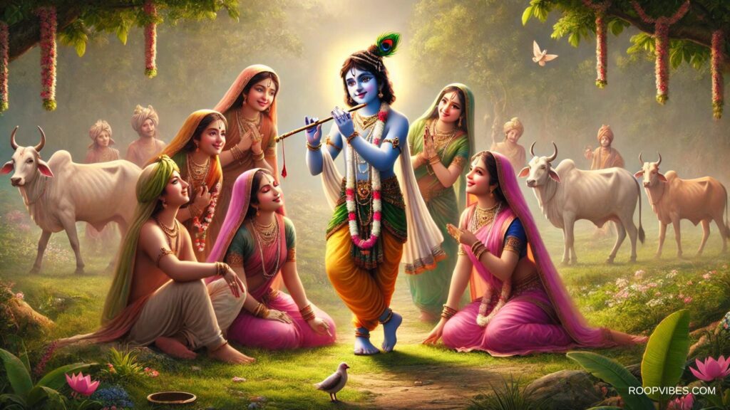 Sri Krishna With Gopis In A Blossoming Meadow Of Vrindavan