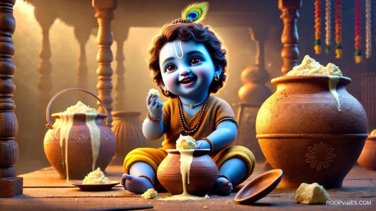 Bal Gopal Enjoying Butter In A Rustic Room At Gokul