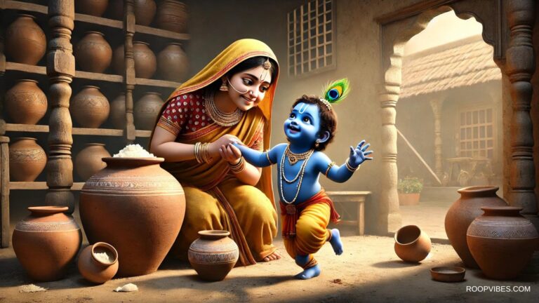 Yashoda And Baby Krishna In A Playful Mood In A Traditional Home At Gokul