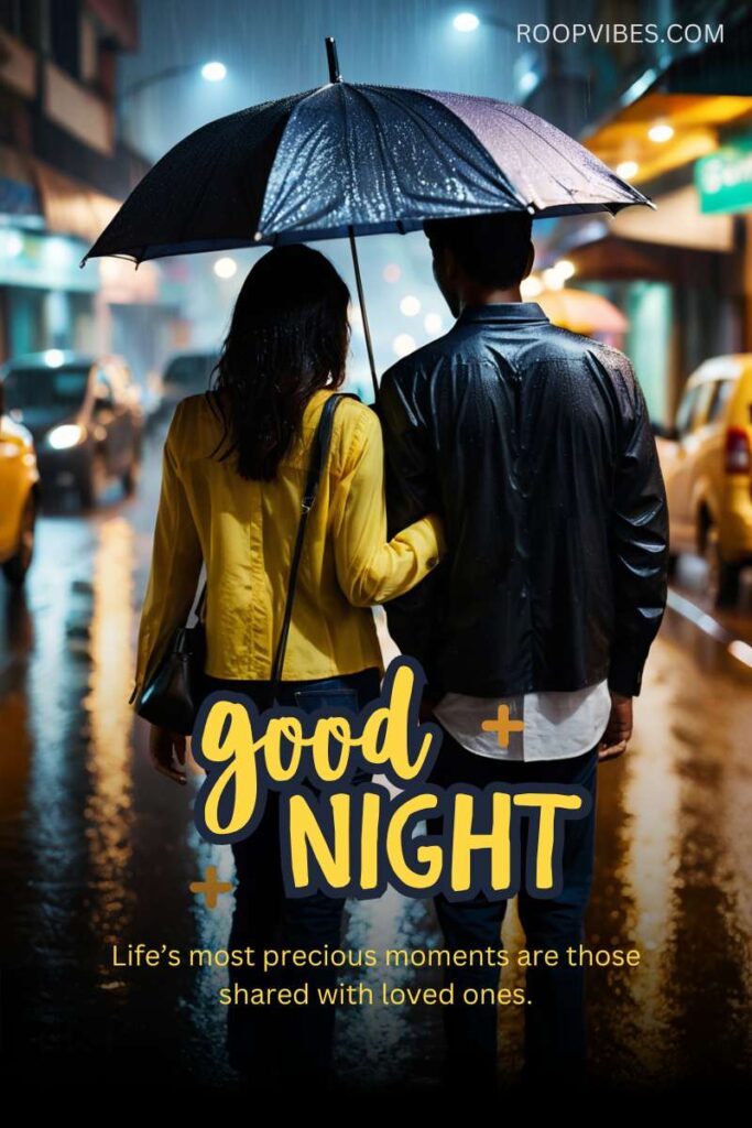 Romantic Indian Couple Walking Under An Umbrella On A Rainy Night With A Good Night Wish