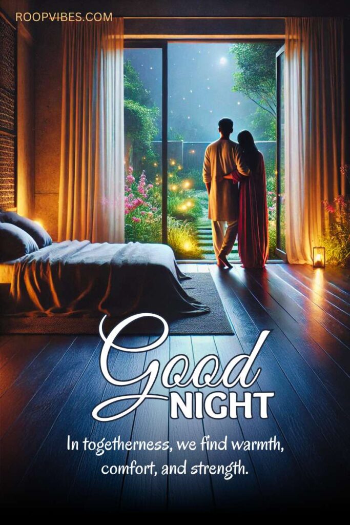 Indian Couple Standing By The Bedroom Window, Enjoying The Illuminated Garden With Full Moon Night With A Good Night Wish.