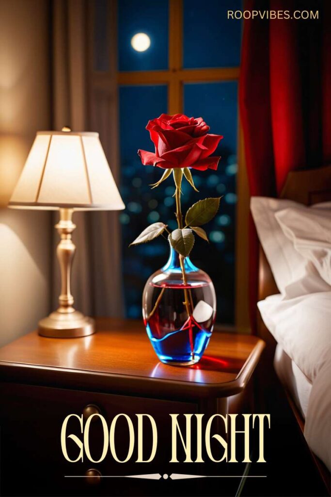 A Single Red Rose In A Glass Vase Kept At The Bedside Table Beside A Window With View Of The Full Moon Couple With A Good Night Wish