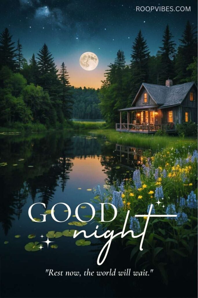 Good Night Image Of A Scenic Moonlit Landscape With Illuminated House, Trees And Lake With A Wish And A Short Caption