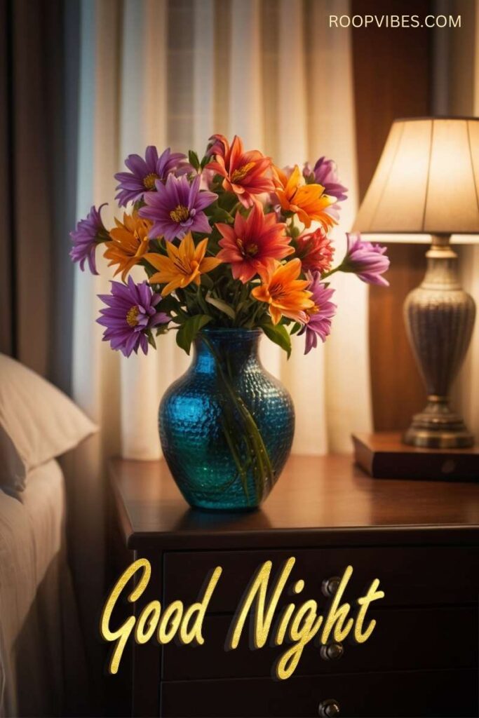 Beautiful Bouquet Of Pink And Orange Flowers On A Bedside Table With Good Night Wish