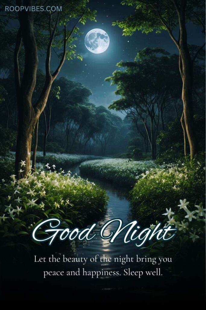 Scenic Rural Landscape At Night With View Of Blooming Flowers And Flowing Stream In Moonlight With Good Night Quote