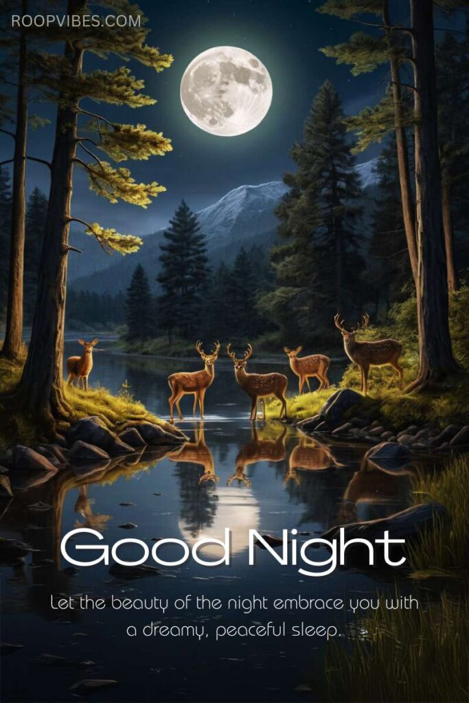 A Serene Forest Scene On A Full Moon Night With A View Of A Deer Flock Standing Beside A Reflective Lake Coupled With A Good Night Wish And Quote.