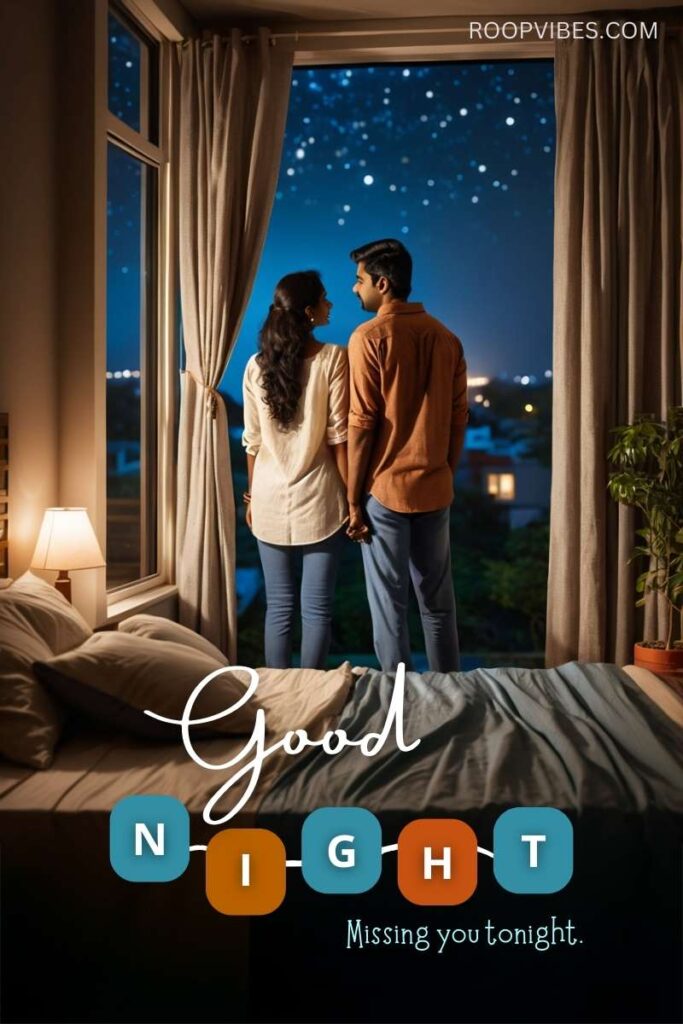 Indian Couple Standing By A Bedroom Window With View Of The Star-Studded Night Sky Along With A Good Night Message.