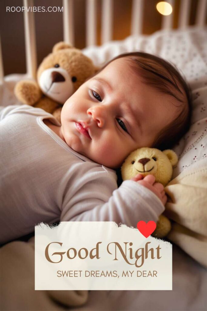 Adorable Baby Half Asleep With Teddy Bear Toys In A Crib Together With A Good Night Wish.