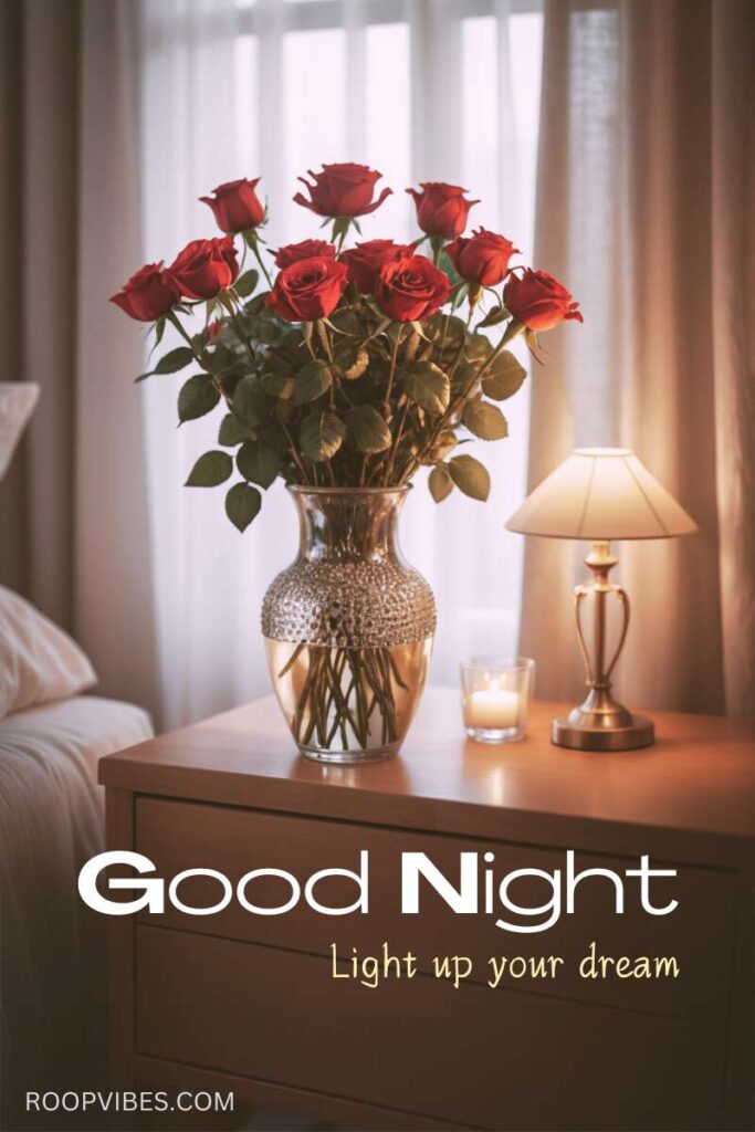 A Elegant Bouquet Of Red Roses In A Glass Vase On A Bedside Table With A Good Night Message