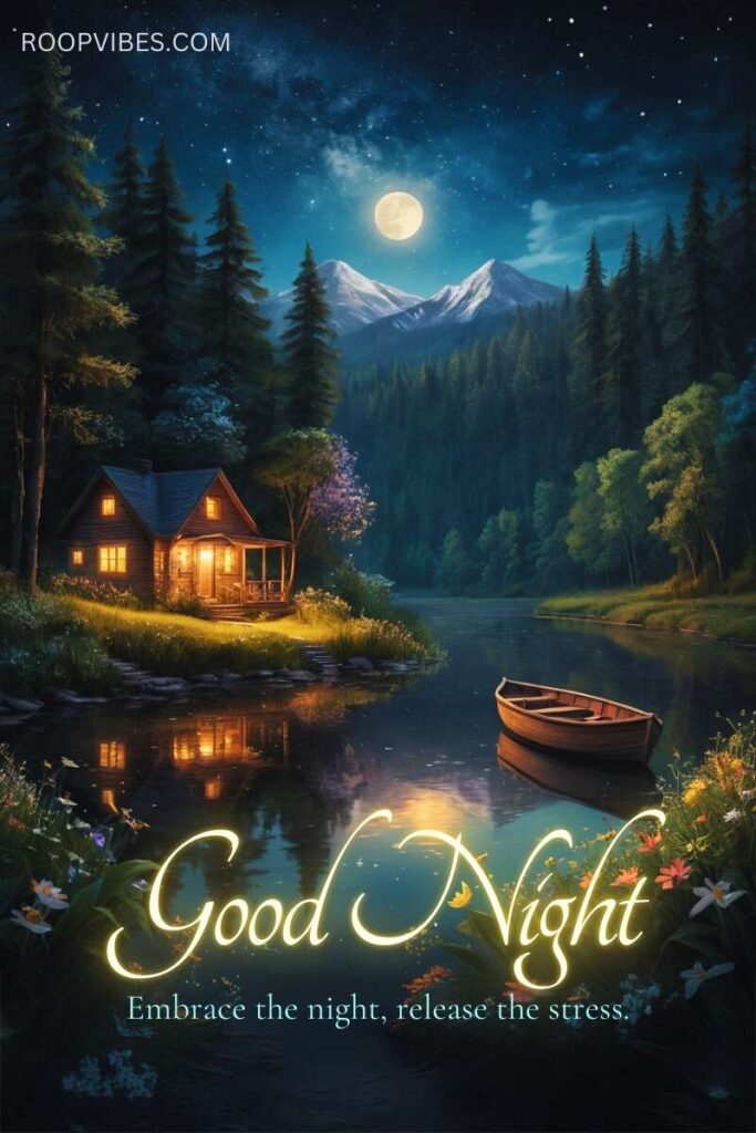 Scenic Moonlit Landscape With View Of An Illuminated Cottage By A Lake With Snowcapped Mountain In The Background Coupled With A Good Night Message