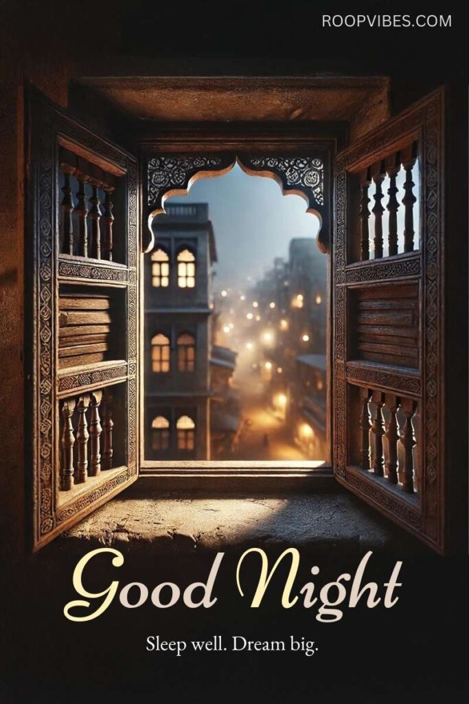 Night Time View Of An Indian City Through A Traditional Wooden Window Together With A Good Night Wish