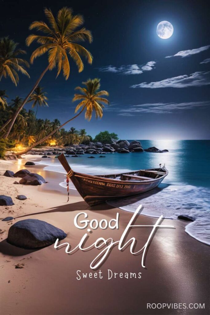 Serene Moonlit Beach With Palm Trees And A Wooden Boat At Night, Alongwith A Good Night, Sweet Dreams Wish