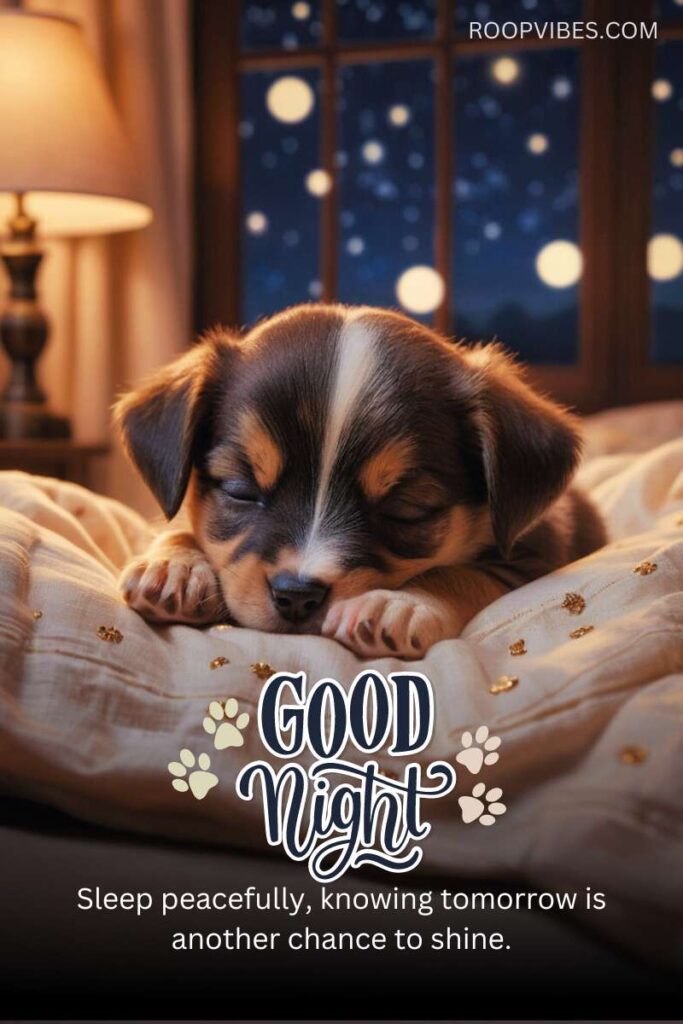 Cute Puppy Sleeping On A Cozy Bed With Soft, Warm Bedroom Ambience Coupled With A Good Night Wish