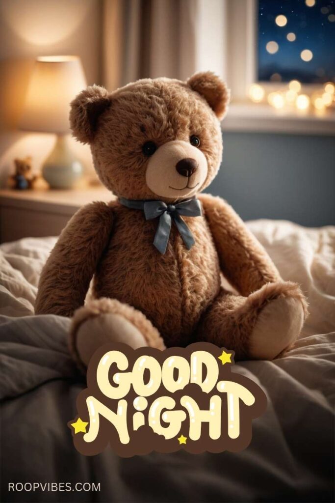 A Cute Fluffy Teddy Bear On A Bed With Soft Warm Background And A Cozy Good Night Message