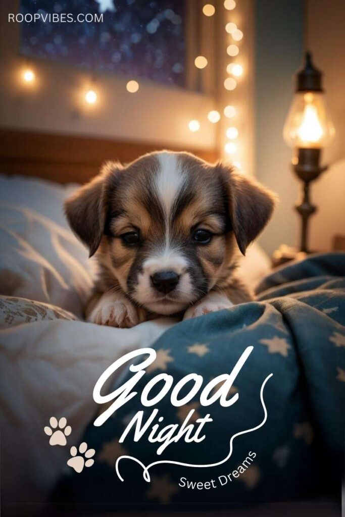 Cute Adorable Puppy On A Bed With Soft Lighting And A Good Night Message