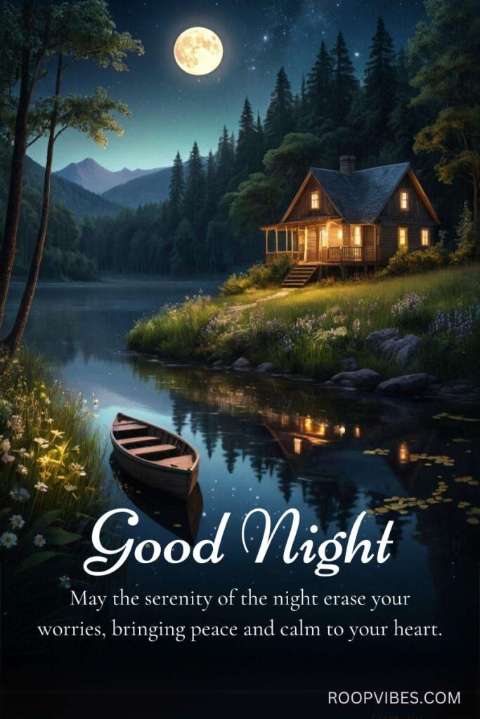 Serene Moonlit Night Landscape With An Illuminated Cottage Near A Water Stream With Distant Mountain Range Together With A Good Night Quote.