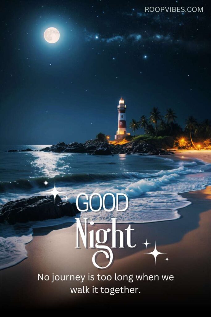 A Beautiful Moonlit Sea Beach With Incoming Waves And A Lighthouse Seen In The Background Together With A Good Night Wish And A Quote.