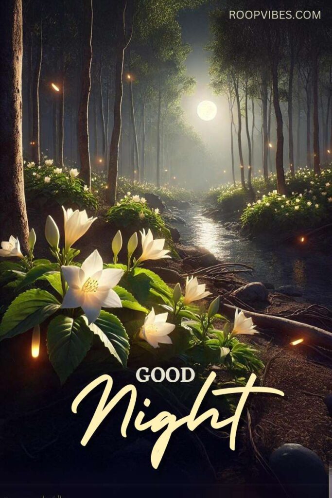 Tranquil Moonlit Forest With White Flowers And A Flowing Stream With A Good Night Wish