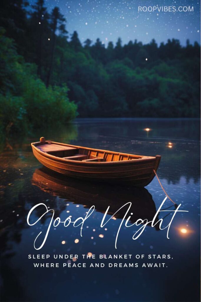 Wooden Boat Floating On A Peaceful Lake Under A Starry Night Sky Coupled With A Good Night Wish.