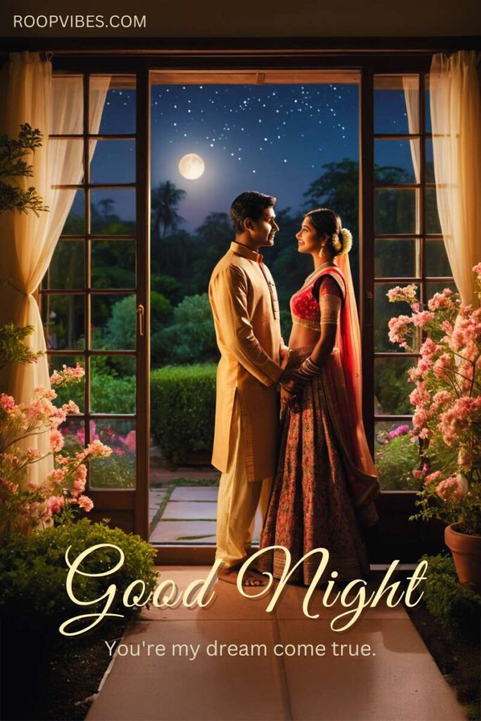 Indian Couple In Traditional Dresses In A Romantic Mood Holding Hands Under A Moonlit Starry Sky With A Good Night Wish