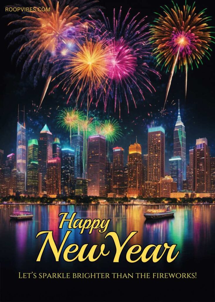 Colorful Fireworks Illuminating The Night Sky Over A Vibrant City Skyline, With 'Happy New Year 2025' And The Tagline 'Let'S Sparkle Brighter Than The Fireworks!' Displayed Prominently.