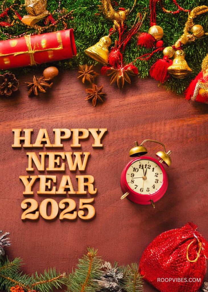 A Festive Wooden Backdrop Decorated With Christmas Ornaments, A Red Alarm Clock Showing Midnight, And The Text 'Happy New Year 2025' In Bold Wooden Letters.